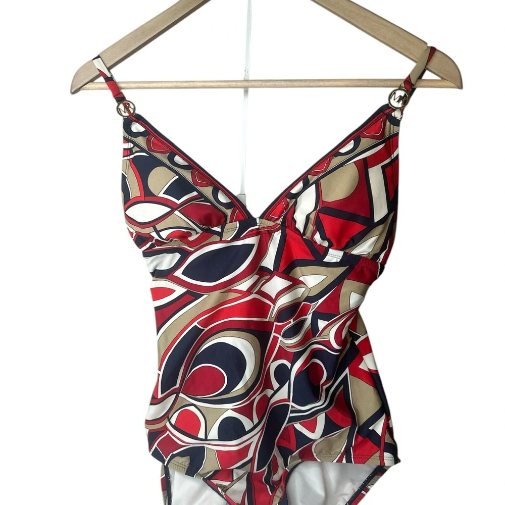 Michael Korhs Red, White & Blue Geometric Psychedelic One Piece Swimsuit Size 10